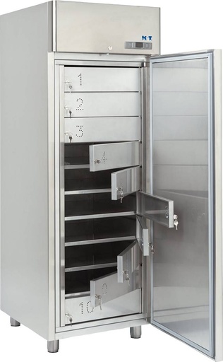 K+T Umluftgemeinschaftskühlschrank, CNS-Tür, 10 abschließbare Fächer, Fächerhöhe 140 mm, steckerfertig