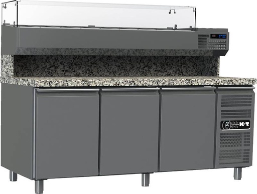 K+T Pizzakühltisch EN 600 x 400, Korpushöhe 700, abgekantete Granitarbeitsplatte,3 Abteile,steckerfertig
