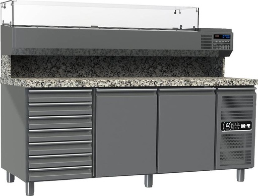 K+T Pizzakühltisch EN 600 x 400, Korpushöhe 700,abgekantete Granitarbeitsplatte,3 Abteile,Zentralkühlung