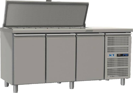 K+T Saladette GN 1/1, Korpushöhe 650 mm, abgekantete Arbeitsplatte, 3 Abteile, Zentralkühlung
